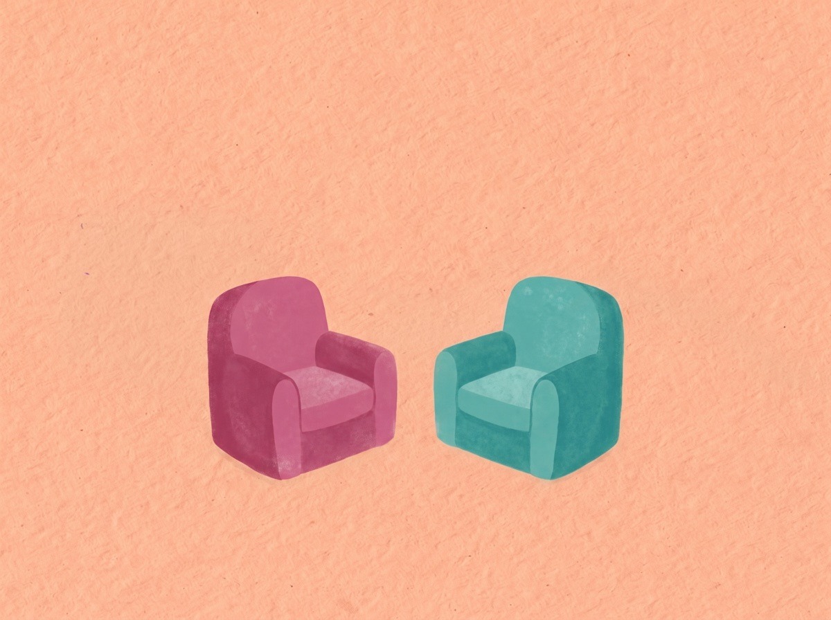 Illustratie van twee stoelen tegenover elkaar in een rustig, gelijkwaardig gesprek